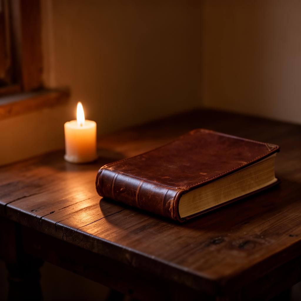 Biblia y vela sobre mesa de madera