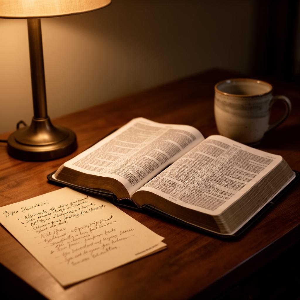 Biblia abierta sobre un escritorio con luz cálida